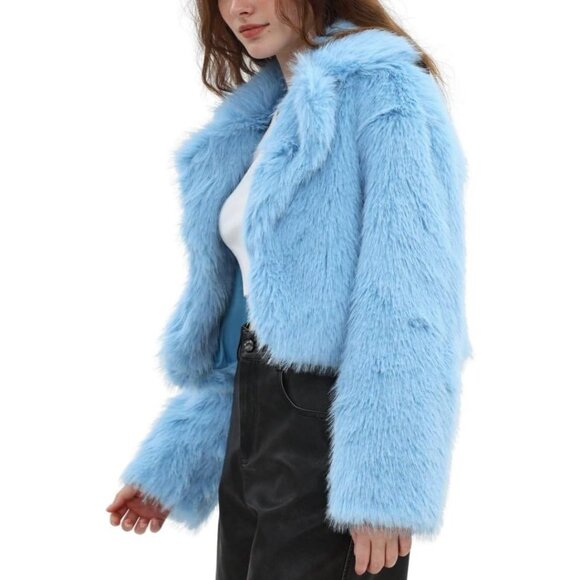 Women's Faux Fur Crop Lapel Jackets Open Front Long Sleeves Coat Pockets Blue - Picture 2 of 5
